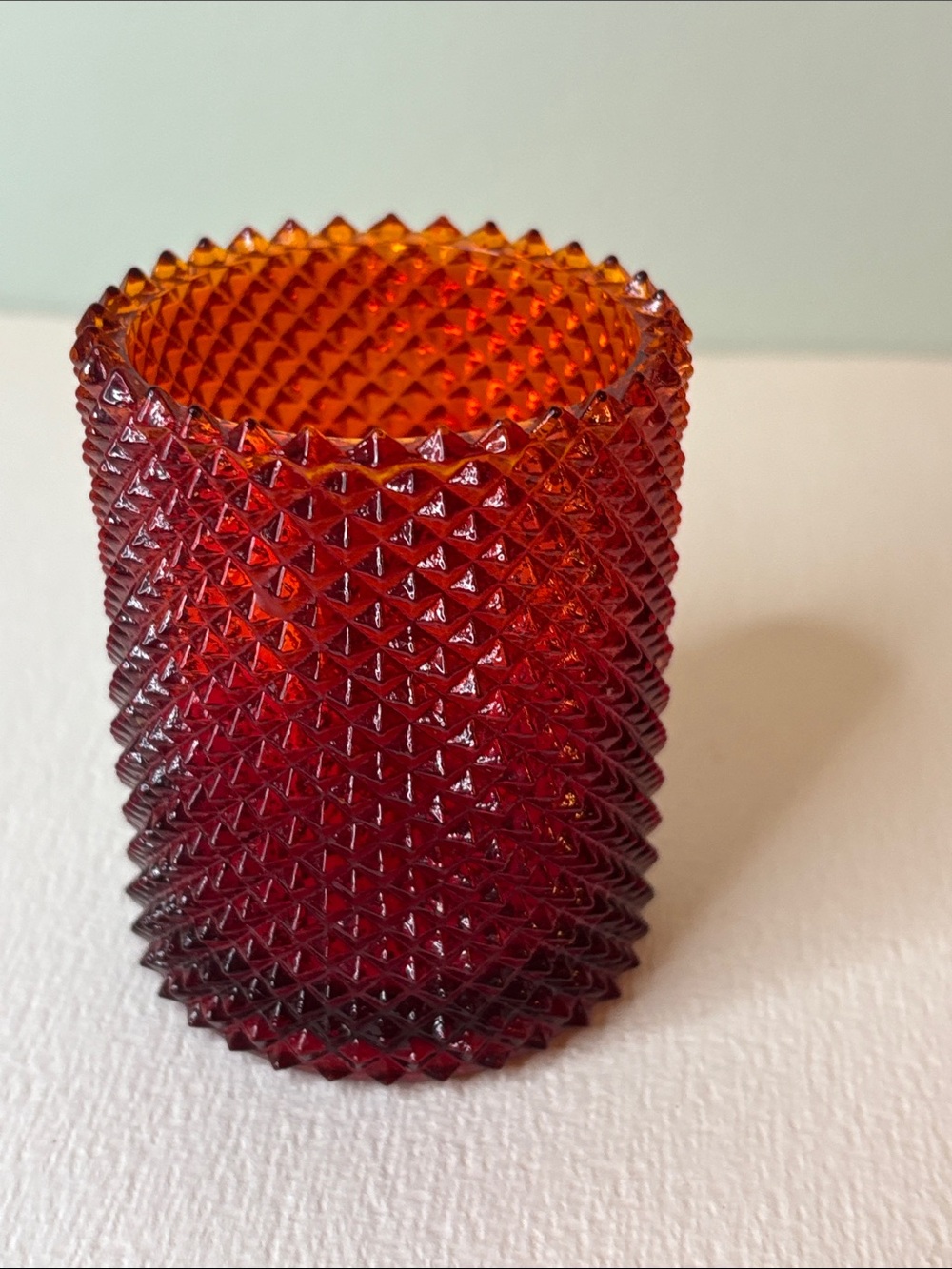 Vintage Faroy Red Diamond Point Glass Votive Candle Holder - Picture 2 of 8